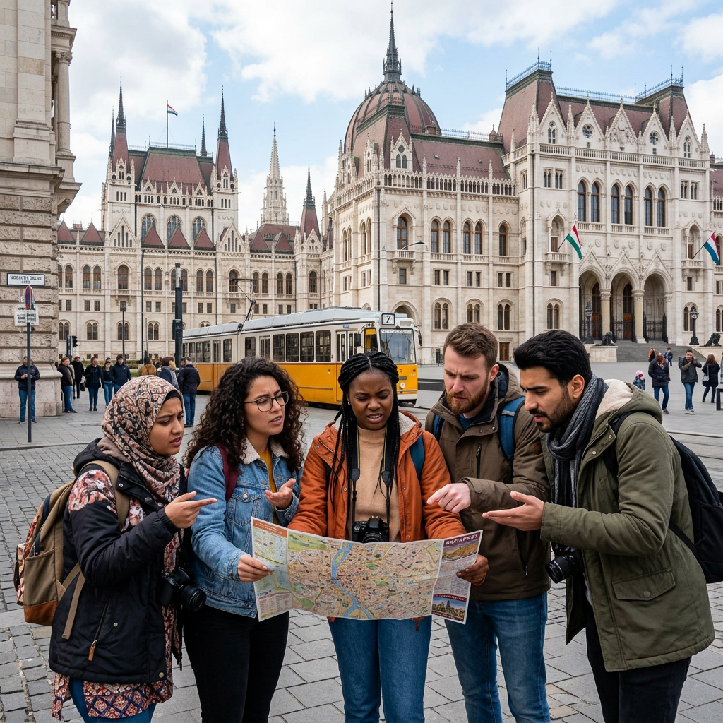 Five travelers gathered around a paper city map in front of the Hungarian Parliament Building in Budapest, pointing and comparing routes